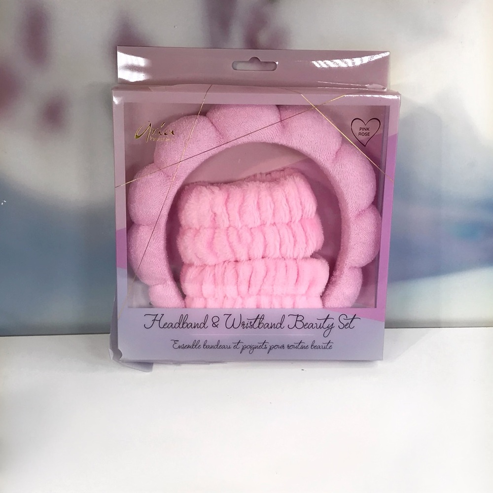 ARIA BEAUTY Pink Headband & Wristband Beauty Set in Pastel Pink Spa Set *BNIB